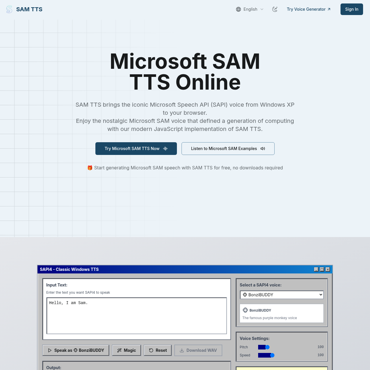 Ms Sam SAM TTS - Microsoft SAM TTS 在线工具 - 经典 Windows XP 语音合成器与 SAPI4 语音生成