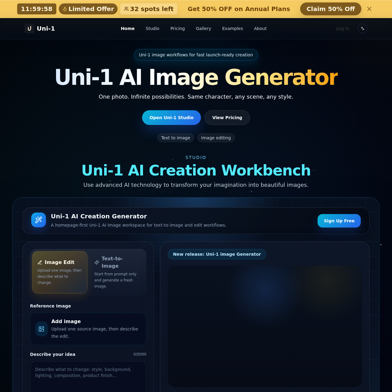 Uni-1 AI Image Generator - Uni-1 AI 图像生成器:基于多模态推理的高效图像创作与编辑工作站